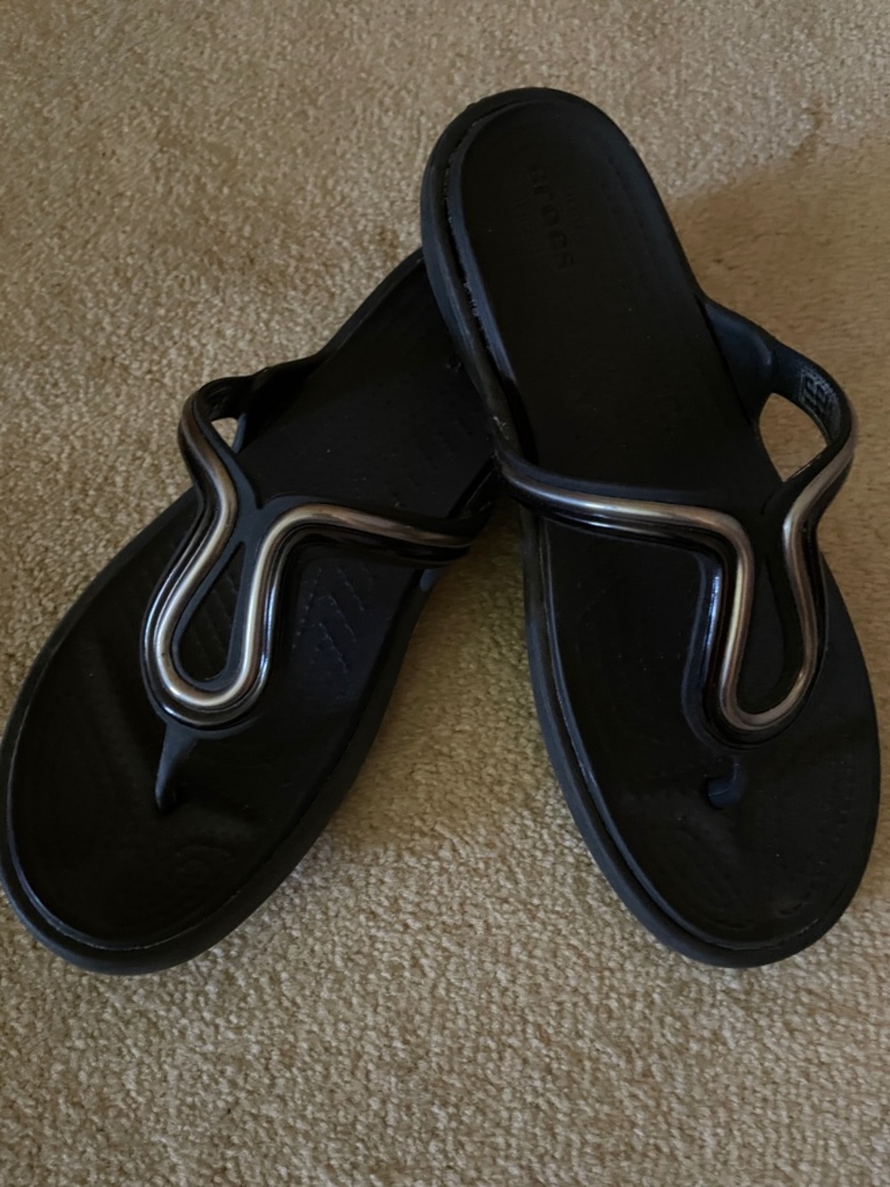 CROCS Slip On Black Flip Sandals with Metallic Trim